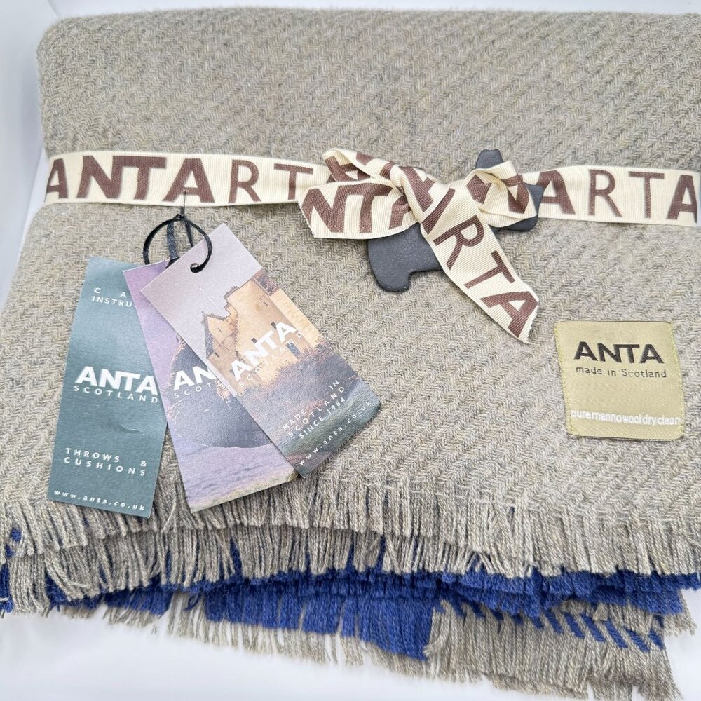 ANTA Plaid Throw Blanket 50"x60" 100% Merino Wool Grey Blue NWT